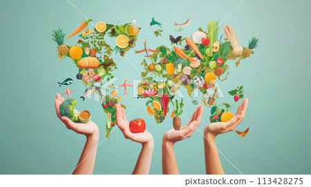 Group of Hands Holding World Map Made of Fruits and Vegetables Group of Hands Holding World Map Made of Fruits and Vegetables 113428275