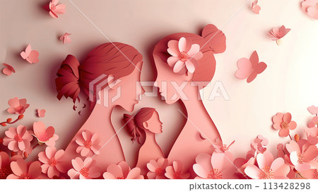 Paper Cut of Two Women Surrounded by Pink Flowers Paper Cut of Two Women Surrounded by Pink Flowers 113428298
