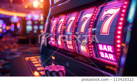 Neon-Lit Slot Machine in Casino Neon-Lit Slot Machine in Casino 113428322