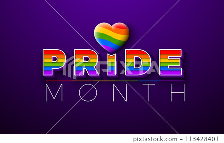 LGBTQ Pride Month Illustration with Colorful Heart and Rainbow Flag Background in 3d Text Label. Love is Love Human Rights or Diversity Concept. Vector LGBT Event Banner Design for Postcard, Banner 113428401