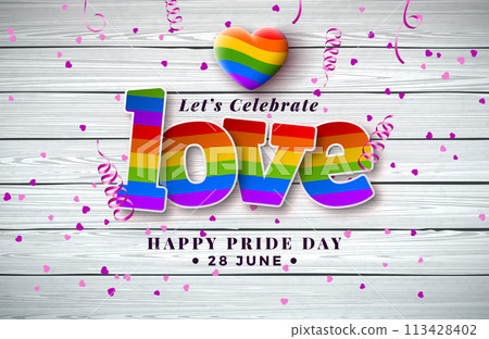 Happy Pride Day LGBTQ Illustration with Rainbow Heart and Colorful Cut Out Love Text Label on Vintage Wood Background. 28 June Love is Love Human Rights or Diversity Concept. Vector LGBT Event Banner 113428402