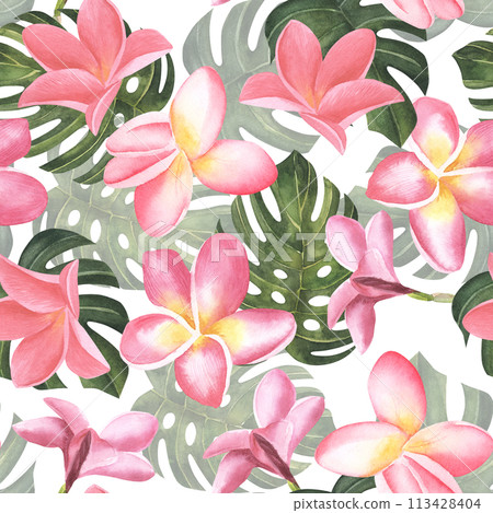 Seamless floral pattern pink plumeria flowers pastel background. Illustration watercolor hand drawing. For fabric print design texture. Black background Seamless floral pattern pink plumeria flowers pastel background. Illustration watercolor hand drawing. For fabric print design texture. Black background 113428404