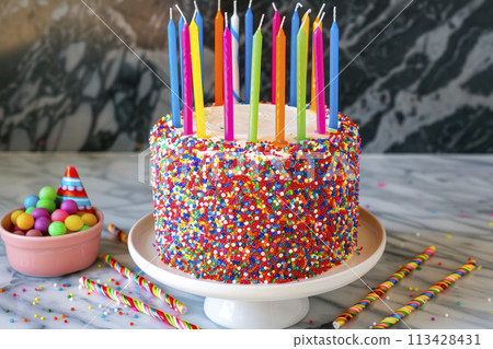Celebration birthday cake with colorful sprinkles and colorful birthday candles. Ai generative. Ai generative Celebration birthday cake with colorful sprinkles and colorful birthday candles. Ai generative. Ai generative 113428431