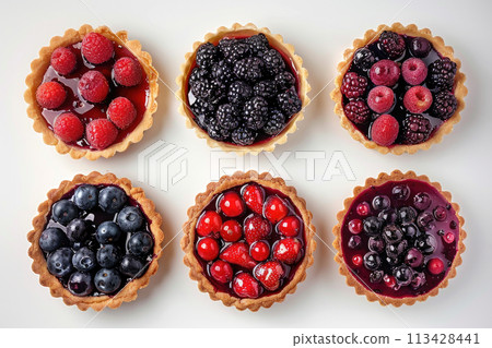 Differents Berry tartlets with curd cream. Delicious pastries. Ai generative 113428441