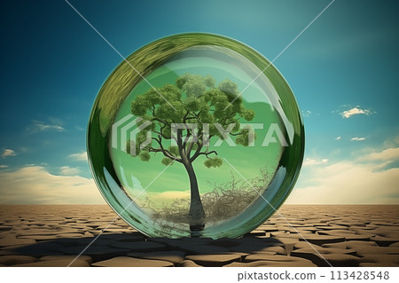 Tree in glass ball on soil crack in desert 113428548