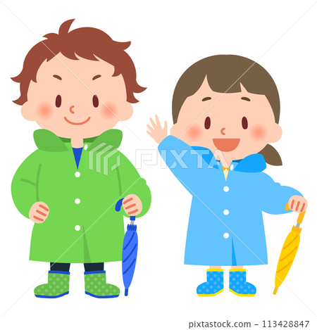 孩子穿著雨具 孩子穿著雨具 113428847