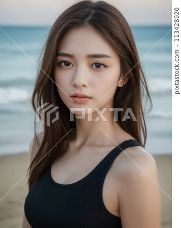 A woman with long hair wearing a tank top and making a pose at the beach 113428920