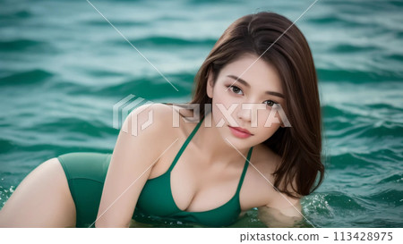 一個長髮女子穿著泳衣在海邊做可愛的臉 一個長髮女子穿著泳衣在海邊做可愛的臉 113428975