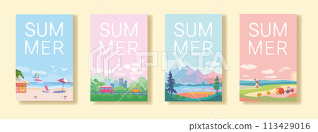 Set of summer travel and vacation posters. Landscapes of sea resorts, mountains and fields. Road with trees and transport near the city. Template for poster, web page or banner. Flat vector Set of summer travel and vacation posters. Landscapes of sea resorts, mountains and fields. Road with trees and transport near the city. Template for poster, web page or banner. Flat vector 113429016