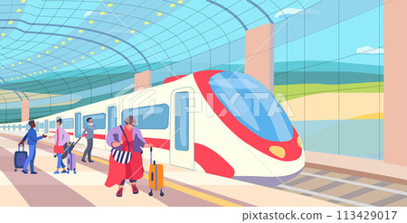 Train Station. Overground metro station. Passenger carriages on a platform with people. Inclusion human. Fat woman. with luggage. Meeting. Vector illustration 113429017