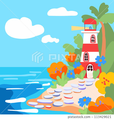 Scene by the sea with a lighthouse, flowers and a stone path to the waves. Ocean shore with blue water. Childrens cartoon illustration for print, poster or books. Flat vector Scene by the sea with a lighthouse, flowers and a stone path to the waves. Ocean shore with blue water. Childrens cartoon illustration for print, poster or books. Flat vector 113429021