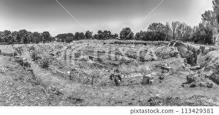 Scenic view of the Roman amphitheatre of Syracuse, Sicily, Italy 113429381