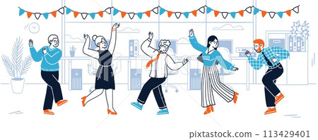 Happy young people dancing celebrating corporate office party 113429401