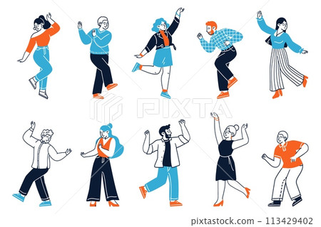 Happy diverse people characters dancing isolated set 113429402
