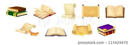 Old Book in Hard Cover with Pages and Scroll Vector Set 113429470