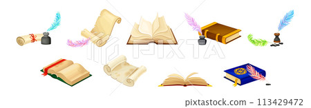 Old Book in Hard Cover with Pages and Scroll Vector Set 113429472