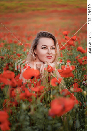 Happy woman in a red dress in a beautiful large poppy field. Blond sits in a red dress, posing on a large field of red poppies 113429659