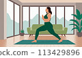 Large woman, yoga practice near sofa, leggings and top attire. Bright room, large window, floor-standing flower. 113429896