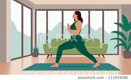 Large woman, yoga practice near sofa, leggings and top attire. Bright room, large window, floor-standing flower. Large woman, yoga practice near sofa, leggings and top attire. Bright room, large window, floor-standing flower. 113429896