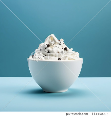 A bowl of yogurt topped with blueberries on a blue backdrop with scattered berries. 113430008