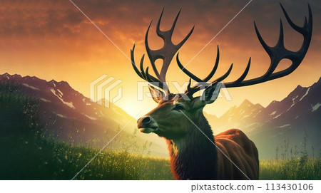 Beautiful deer on a background with a sunrise in a clearing. AI generated. 113430106