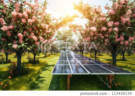 Solar panel in an orchard in sun. Clean technologies of future. AI generated. Solar panel in an orchard in sun. Clean technologies of future. AI generated. 113430134