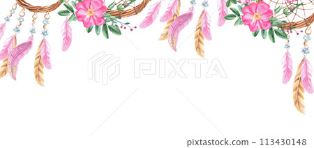 Dream catcher banner with beads, crystals, dog rose flowers and pink and beige feathers. Watercolor horizontal frame, border. Hand drawn illustration. Perfect as a web banner, card and invitation 113430148