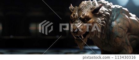 Chimera mythological lion, creature from legends. AI generated. Header banner mockup with space. 113430316