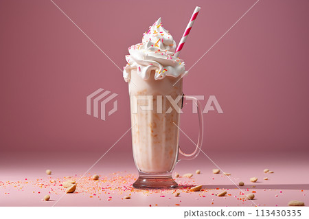 Creamy milkshake with sprinkles and whipped cream on pink background. 113430335