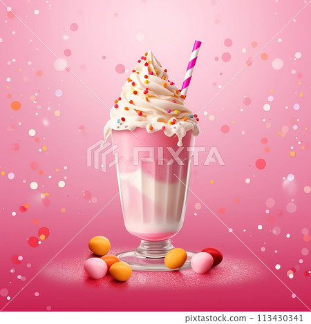 Creamy milkshake with sprinkles and whipped cream on pink background. Creamy milkshake with sprinkles and whipped cream on pink background. 113430341