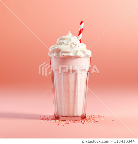 Creamy milkshake with sprinkles and whipped cream on pink background. 113430344