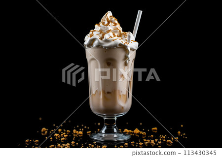 Decadent milkshake topped with whipped cream and chocolate shavings, served with a glass jug alongside. 113430345
