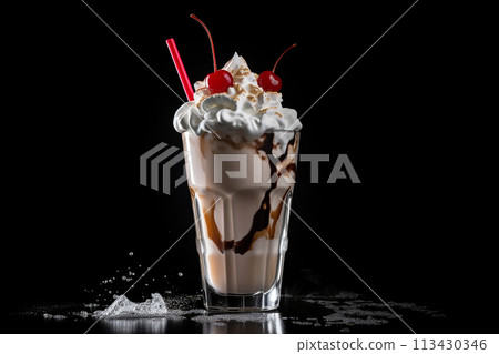 Decadent milkshake topped with whipped cream and chocolate shavings, served with a glass jug alongside. 113430346