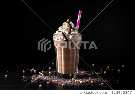 Decadent milkshake topped with whipped cream and chocolate shavings, served with a glass jug alongside. Decadent milkshake topped with whipped cream and chocolate shavings, served with a glass jug alongside. 113430347