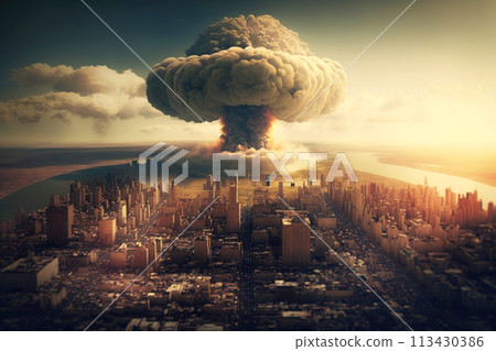 Nuclear, atomic explosion in the city, mass murder. War catastrophe, deadly aggression. AI generated. 113430386