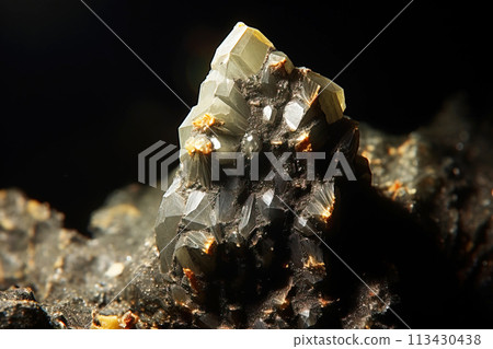 Cuspidine fossil mineral stone. Geological crystalline fossil. Dark background close-up. Cuspidine fossil mineral stone. Geological crystalline fossil. Dark background close-up. 113430438