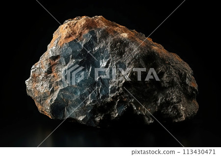Stromeyerite is rare precious natural stone on black background. AI generated. Header banner mockup with space. Stromeyerite is rare precious natural stone on black background. AI generated. Header banner mockup with space. 113430471