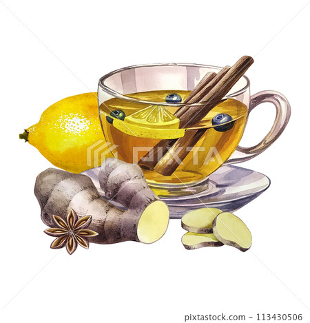 A cup of tea with lemon, ginger, cinnamon and star anise. A glass transparent cup filled with tea. a hand-drawn watercolor illustration. For design solutions of invitation, banner, packaging and menu A cup of tea with lemon, ginger, cinnamon and star anise. A glass transparent cup filled with tea. a hand-drawn watercolor illustration. For design solutions of invitation, banner, packaging and menu 113430506