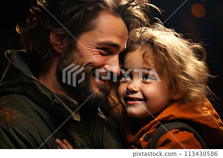 A loving cheerful father is playing and teaching his child. Family happiness, traditional values. A loving cheerful father is playing and teaching his child. Family happiness, traditional values. 113430586