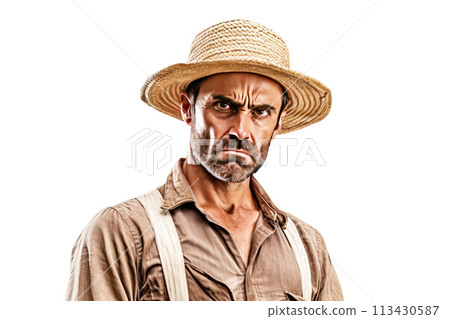 Excited irritated angry male farmer in work clothes, white background isolate. Excited irritated angry male farmer in work clothes, white background isolate. 113430587