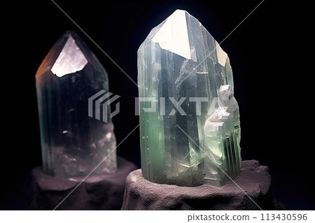 Goshenite is rare precious natural stone on black background. AI generated. Header banner mockup with space. Goshenite is rare precious natural stone on black background. AI generated. Header banner mockup with space. 113430596