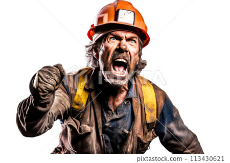Close up of mountain worker male miner in uniform with tool, stern angry, white background isolate. 113430621