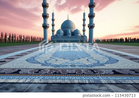 Muslim holiday Ramadan, sajjada rug for prayer on the background of the mosque. AI generated. 113430713