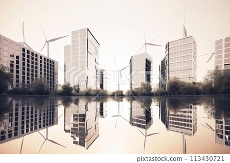 Wind generators among the high mirror city business buildings, rows with the lake. AI generated. Wind generators among the high mirror city business buildings, rows with the lake. AI generated. 113430721