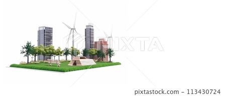 Wind generators among the city park and tall business buildings, next to the lake on a white background. AI generated. Wind generators among the city park and tall business buildings, next to the lake on a white background. AI generated. 113430724