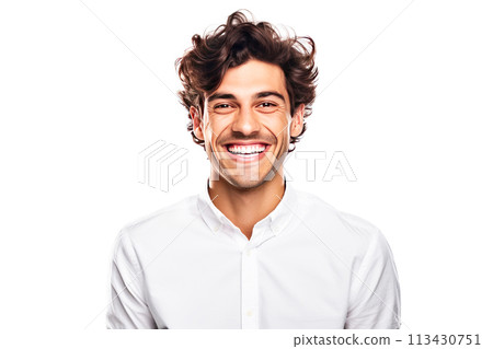 Close-up of a smiling young guy student in uniform, white background isolate. 113430751