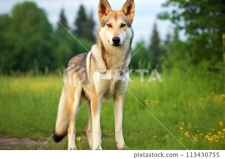 Purebred beautiful breed of dog Czechoslovakian Wolfdog, background nature. Purebred beautiful breed of dog Czechoslovakian Wolfdog, background nature. 113430755