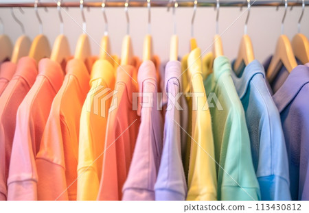 Colorful clothes on a clothing rack, home wardrobe concept image 113430812