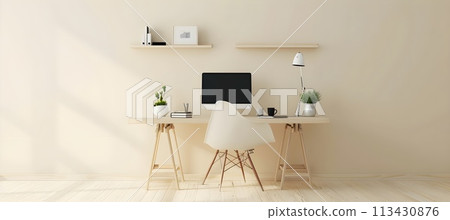 pastel beige minimalist office table, light color interior 113430876