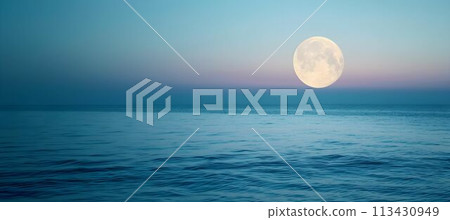 Full moon over blue sea water in pastel sky, evening natural background Full moon over blue sea water in pastel sky, evening natural background 113430949